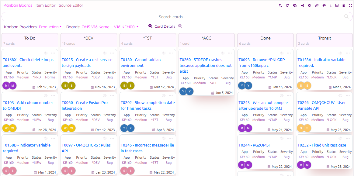 td/oms tasks in a kanban board representation